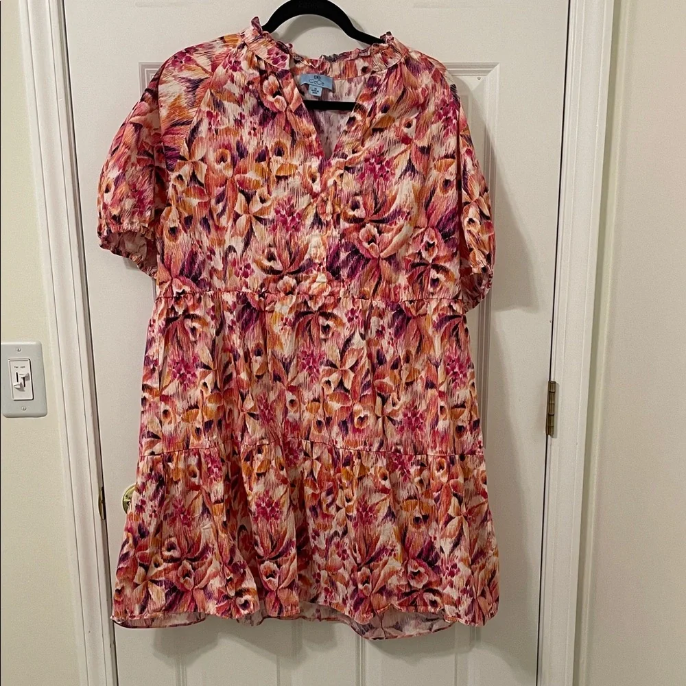 CeCe Vibrant Pink and Orange Tiered Short Sleeve Dress 2X - Picture 1 of 6